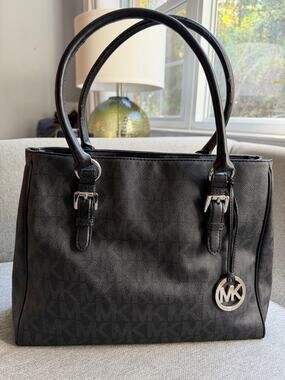Michael Kors Jet Set Medium Bag PVC Coated Black Silver Logo Work Tote